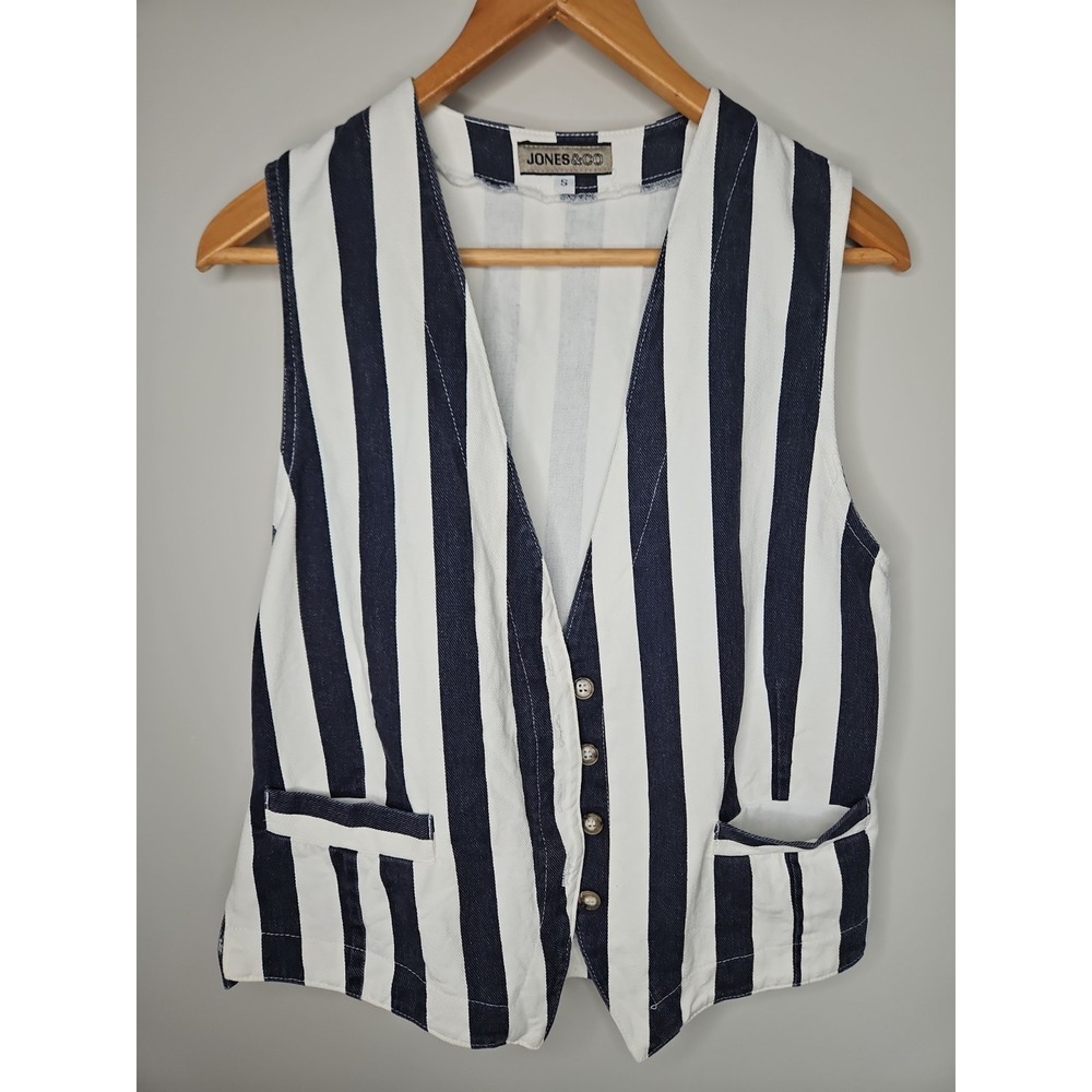 Vintage Jones & Co Denim Vest S Blue White Striped Cotton Americana 90s Tie Back